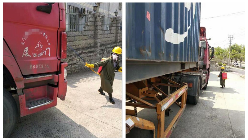 desinfecção do caminhão para transporte de máquinas de melamina